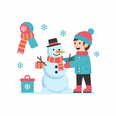 Flat design illustration of a boy building a snowman with winter clothing accessories and a gift box.