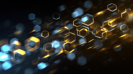 Abstract honeycomb pattern in shades of blue and gold. A network of connected geometric shapes, conveying technology, data, or energy. It is a dynamic and futuristic visualization