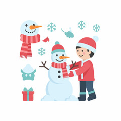 Cheerful winter holiday illustration set with a boy building a snowman snowflakes a gift and other cute cartoon elements.