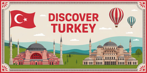 Travel Poster Featuring Landmarks of Turkey with Hot Air Balloons and the Turkish Flag