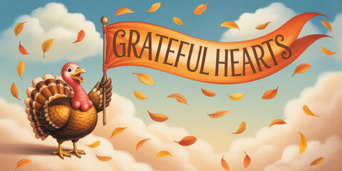 Turkey Holding Grateful Hearts Banner with Falling Autumn Leaves Against a Cloudy Sky