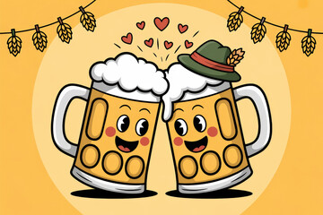 Two Cartoon Beer Mugs Toasting with Hearts and Hops for Oktoberfest Celebration and Festive Cheer