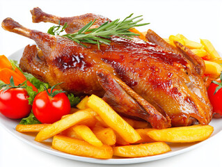 Roasted duck with golden fries and vegetables