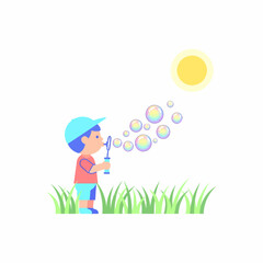 Cartoon boy in a blue cap and red shirt blowing a stream of colorful soap bubbles.