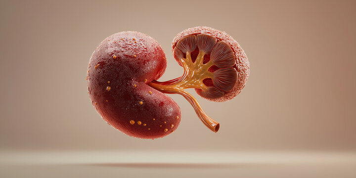 Detailed 3D illustration of human kidney with realistic texture, showcasing its internal structure and vibrant colors. image highlights organ complexity and biological intricacy