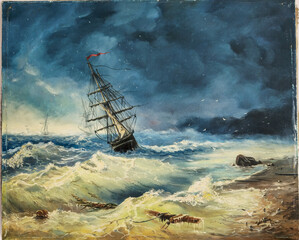Shipwreck Painting of a Sailing Vessel in a Stormy Sea with Rough Waves