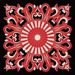 Ornate red and white pattern features a radiant central flower with swirling details.