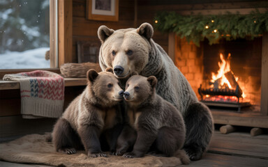 Warm Winter Scene of a Bear Family Embracing by a Fireplace in a Cozy Log Cabin Interior