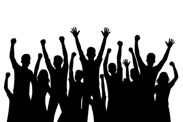 Silhouette of cheering crowd, excited group of people raising hands, celebrating victory, happy fans, party, festival audience, energetic youth unity, community celebration, teamwork success concept