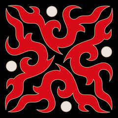 A vivid red organic pattern swirls symmetrically on a white background, featuring small beige circles.