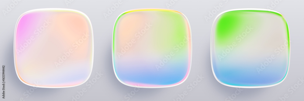 Aufkleber 3d glass hologram square buttons. iridescent plastic badges, ui elements with neon rainbow color gra