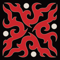 A vivid red organic pattern swirls symmetrically on a white background, featuring small beige circles.