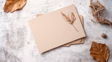 Clean paper voucher mockup on recycled cardboard surface with dried leaf accent, eco branding theme, isolated on transparent background