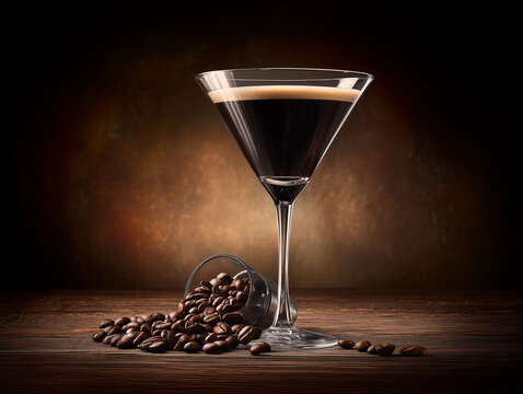 Espresso martini cocktail with coffee beans on rustic wooden table