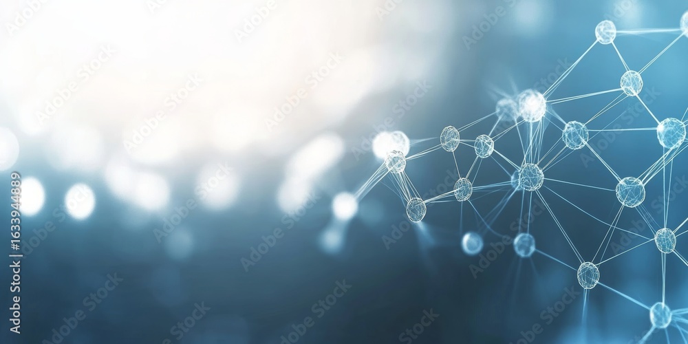 Poster bright white and light blue abstract gradient background with molecular structures for web promotion