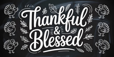 Thankful and Blessed Typography Design with Turkey Illustrations on a Chalkboard Background for Gratitude