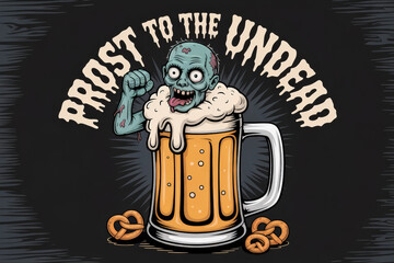 Zombie in Beer Mug Cartoon Illustration with Pretzels and Prost to the Undead Text Design Concept