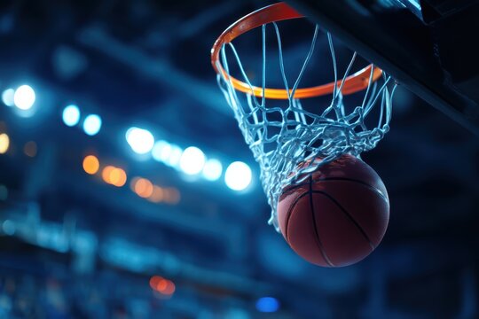 A basketball is captured mid-air going through a hoop in a brightly lit indoor stadium - Powered by Adobe