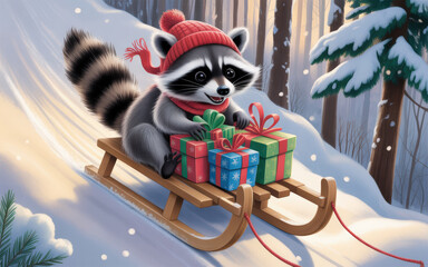 Winter Wonderland Raccoon Sledding with Gifts A Festive Scene of Joyful Holiday Fun in a Snowy Forest Setting