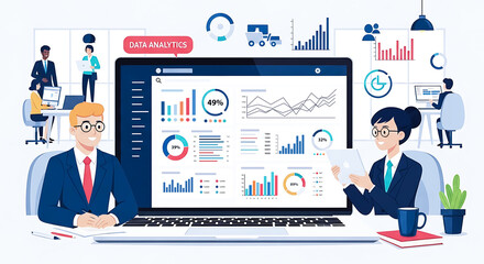 Business professionals analyzing data and charts on a laptop in a modern office setting