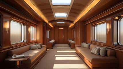 Luxurious train interior with elegant wood paneling, plush seating, and soft natural lighting