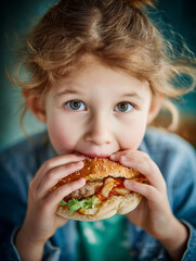 Naklejka premium Little girl enjoying a delicious burger: close-up portrait
