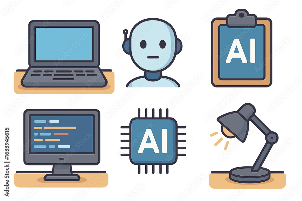 Poster artificial intelligence and technology icons set. modern workspace elements laptop, robot, ai chip, 