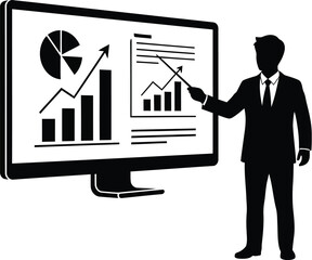 A silhouette of a man in a suit presenting data on a screen with charts and graphs using a pointer stick