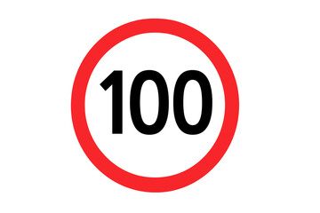 Speed limit traffic sign 100 kmh. Road safety regulation. Circular red border number 100. Highway limit symbol. Printable traffic sign. Vector illustration. Driving control icon. Transport.