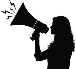 Silhouette of a woman holding a megaphone with sound waves on a white background for announcement use