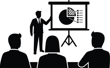 A presenter giving a presentation with a pie chart to an audience in black and white illustration style