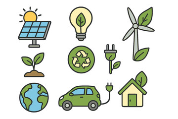Renewable energy and eco-friendly technology icons vector. Solar panels, wind turbine, electric car, recycling, sustainable power, green living, electricity, clean energy, eco house illustration.