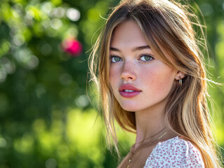 Blonde young woman with freckles and green eyes posing in a garden