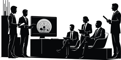 A monochrome illustration of a business meeting with a screen displaying a circular diagram shown