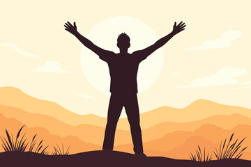 Silhouette happy man arms raised up freedom inspiration sunrise, mountain landscape, achievement success motivation, personal growth, travel adventure, outdoor victory, be free concept illustration