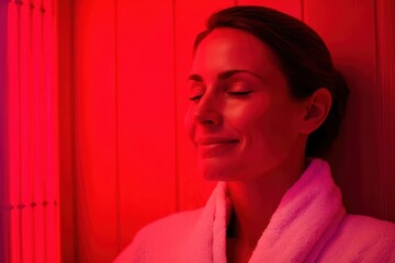 A woman relaxes in a sauna, enjoying soothing red light therapy while wearing a white bathrobe and smiling with closed eyes