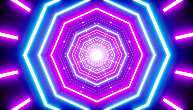 Abstract neon tunnel with hexagonal patterns and vibrant colors