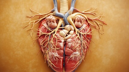 Naklejka premium Natomical Heart Model with Veins and Arteries on a Textured Background, Representing Cardiovascular Health and Medical Illustration for Educational Purposes