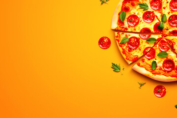 A delicious close-up of a classic Italian food pizza. The image, with its vibrant yellow and red colors from the melted cheese and tomato sauce, makes a perfect mock up for a fast food restaurant