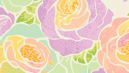 Pastel floral arrangement featuring roses in shades of pink purple and yellow with green leaves