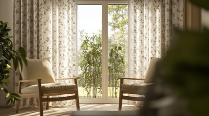 Inside a comfortable room, beige flower pattern curtains are hung on the french window. The front of the curtains is displayed, with soft natural light passing through, green plants on the side
