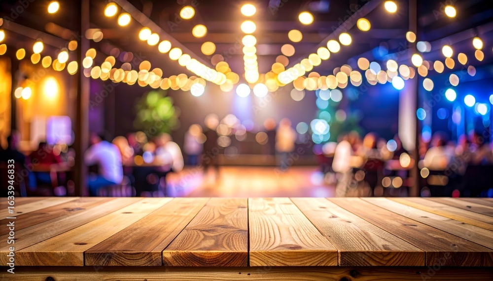 Aufkleber rustic wooden table top with a beautiful warm blurred bokeh light background for display.