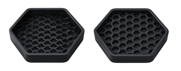 Two hexagonal, dark gray, honeycomb-patterned objects