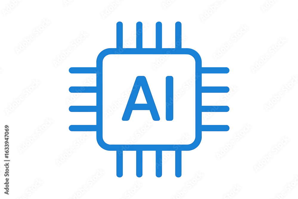 Poster blue artificial intelligence microchip icon, ai processor vector symbol, digital technology circuit 