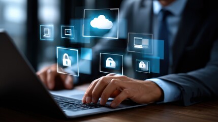 Businessman Using Laptop with Cloud Security Icons