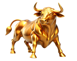 Shiny golden bull statue with muscular build and powerful stance isolated on a transparent background