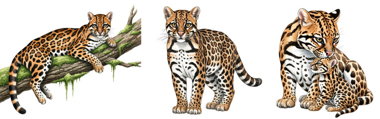 Obraz premium watercolour painting bundle of a beautiful ocelot (Leopardus pardalis) and cub