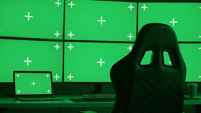 Advanced Multi-Monitor Green Screen Setup with Laptop and Gaming Chair for Chroma Key Video Production Streaming and Virtual Background Compositing Technology