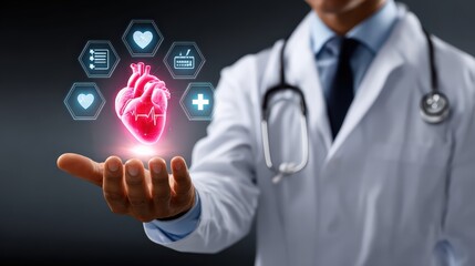 Doctor Holding Holographic Heart with Medical Icons