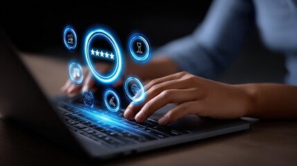 User Entering Password on Laptop with Digital Security Interface